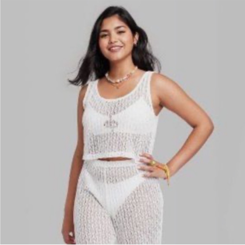Wild Fable white crochet knit sheer swimsuit coverup matching set